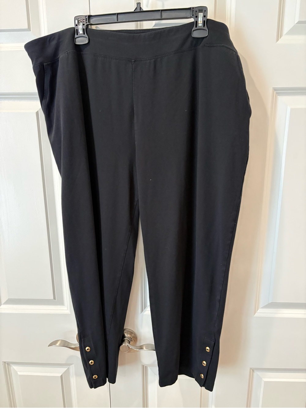 Chico’s Women’s Black Stretch Pull-On Ankle Pants with Gold Button Detail